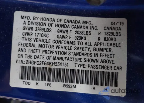 2019 Honda Civic Lx из США, поврежденный, VIN 2HGFC2F64KH554151